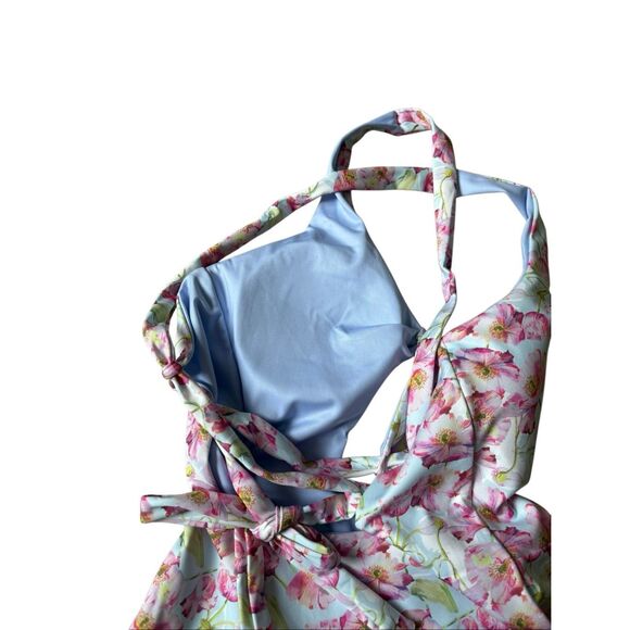 LINC One Piece Swimsuit size M Floral Cut Out Blue Pink - Picture 4 of 5